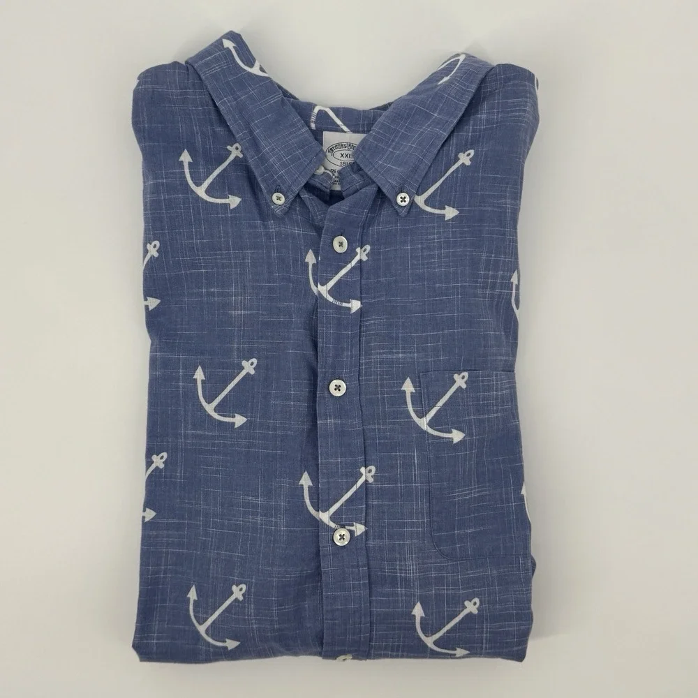 Brooks Brothers Anchor Print Shirt XXL Regent Fit‎ Blue Nautical Button Front